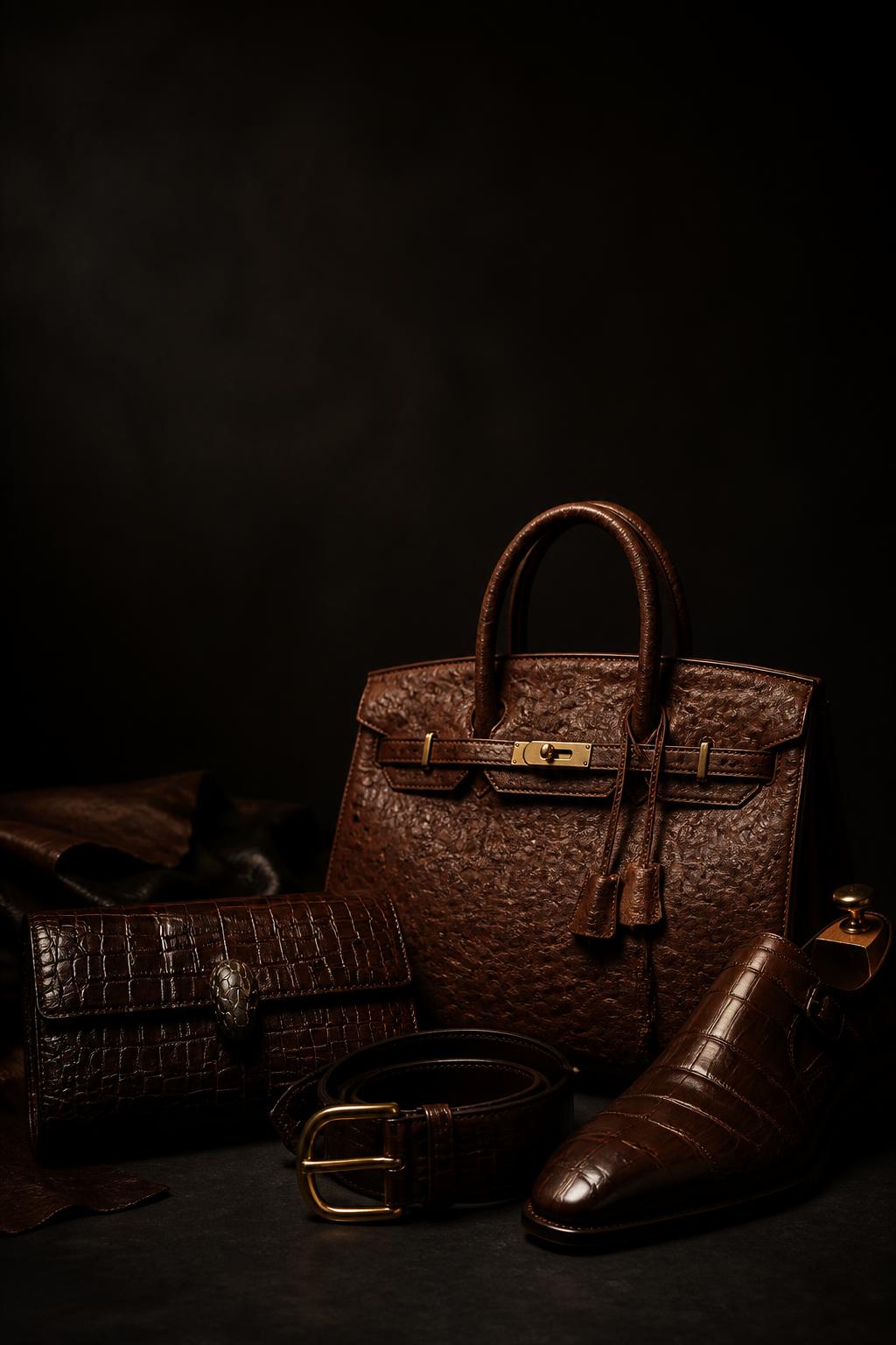 Chimpel ostrich and crocodile leather handbags, clutch, belt and shoes in the Cape Town atelier