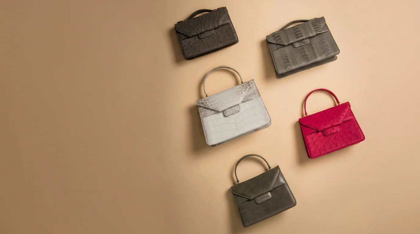 Five Chimpel ostrich and crocodile leather handbags arranged on a beige surface