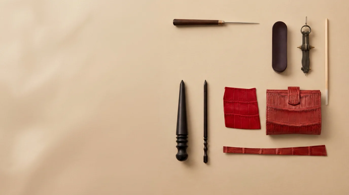Chimpel red crocodile wallet and leather-working tools on a beige surface
