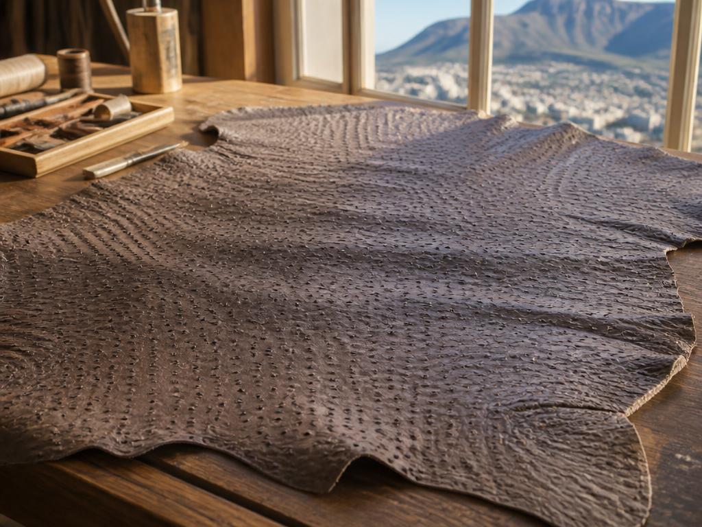 The hide — Every piece begins with a hide chosen by hand — full-grain, ostrich, crocodile or lambskin — read for grain, colour and character before a single cut is made